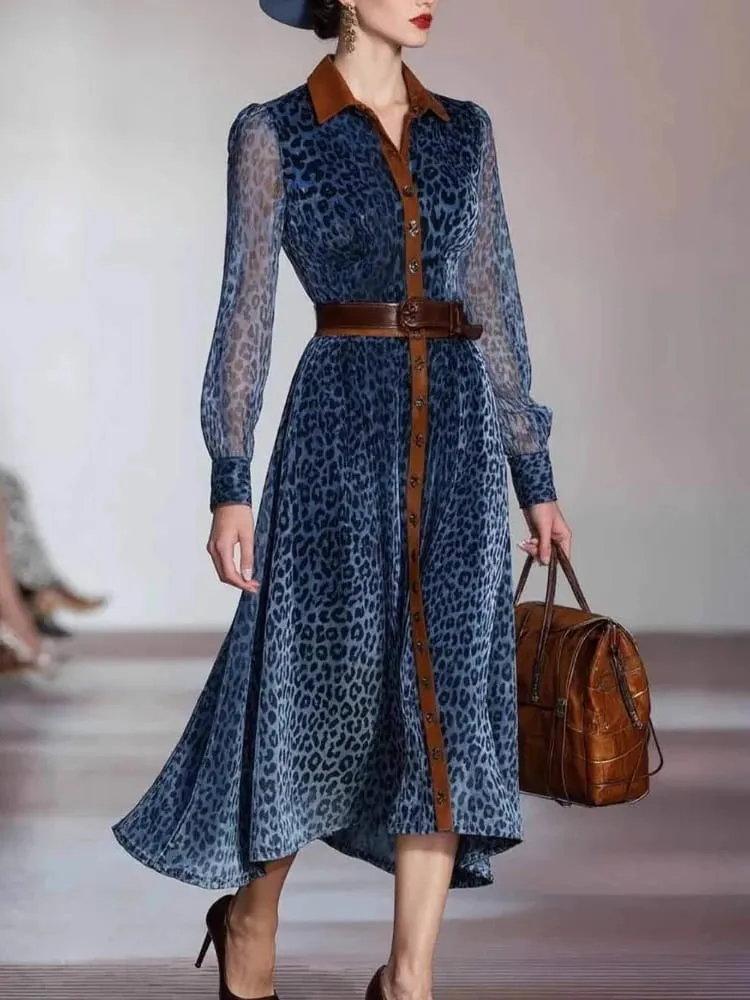 Dámské elegantní šaty Síťované šaty s leopardím potiskem Colorblock Klopový límec Jednořadové Vintage elegantní šaty s dlouhým rukávem — image 5