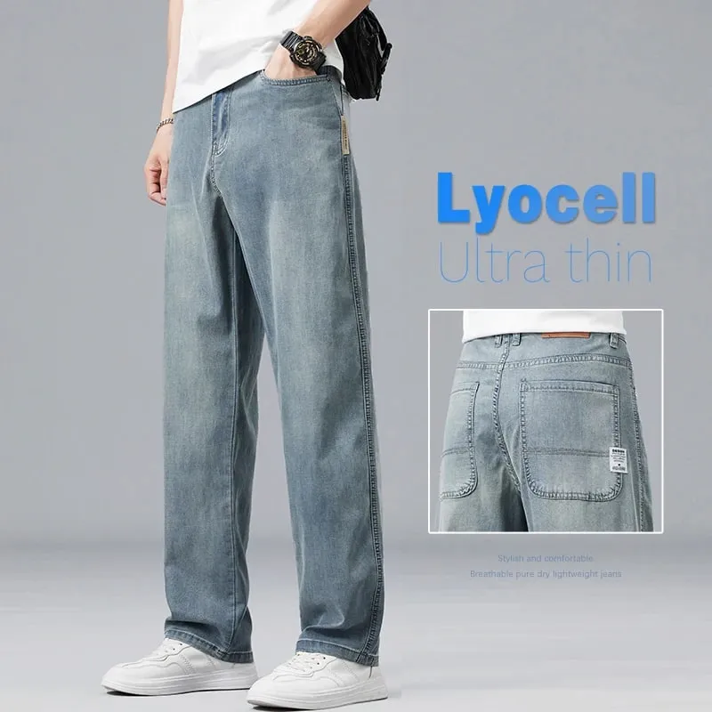 Summer Ultra-thin Lyocell Men's Jeans Drape Soft Fabric Loose Straight Casual Denim Pants Elastic Ice Silk Male Trousers — image 1