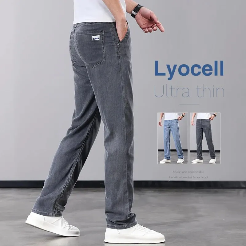 Summer Thin Men's Jeans Lyocell Fabric Soft Breathable Straight Denim Pants Brand Man Elastic Ice Silk Casual Trousers Grey Blue — image 1