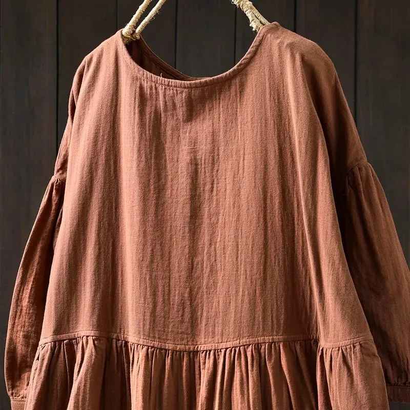 Johnature Women Vintage Cotton Dresses O-Neck Half Sleeve Soft Solid Color Robes 2025 Summer New Casual A-Line Female Dress — image 6