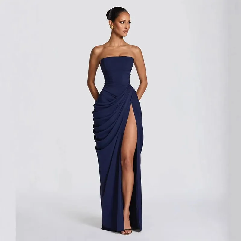 Sexy sólido plissado vestido sem alças senhora chique fora do ombro sem costas cintura alta vestidos divididos feminino 2026 novo vestido de festa à noite — image 10