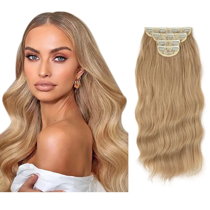 22" 4pcs/set Synthetic Clip In Hair Extensions Elegant Long Wavy Thick Hairpiece Daily Use Brown Blonde Natural Fake Hair — image 14