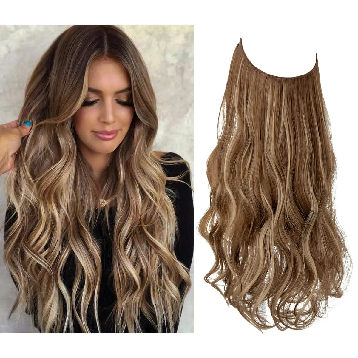 Nice Premium Synthetic Invisible Wire With Clip In Hair Extensions Daily Use Hairpieces Long Brown Natural Wavy Fake Hair piece