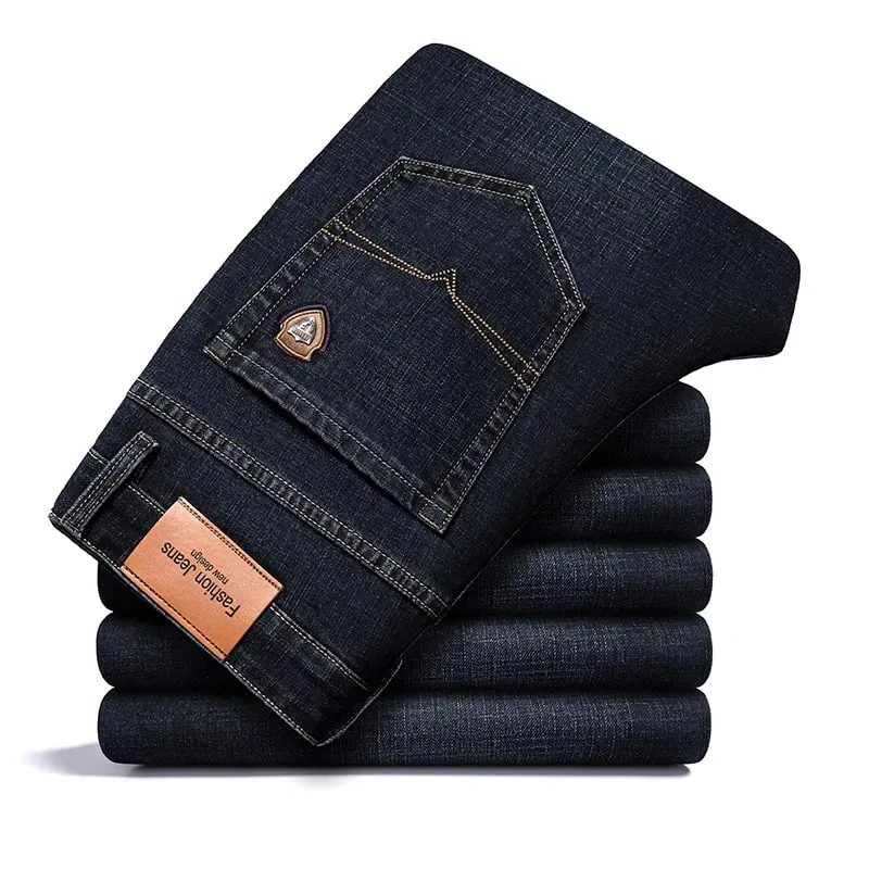 BAO 2026 autumn spring fitted straight stretch denim jeans classic style badge youth men's business casual jeans trousers