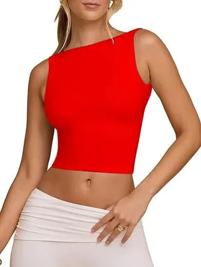 Sexy Open Back Sleeveless Crop Tank High Neck Slim Fit Cropped Tee Shirt Y2k Tops Women Casual Fit Boat Neck Comfy Solid Shirt — image 9