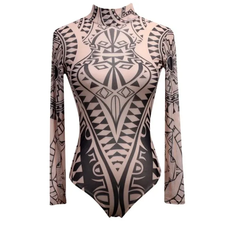 Women Mesh Bodysuits Vintage Ethnic Printed Long Sleeve Leotard Body Top See Through Sexy Club Overalls Shirts — image 9