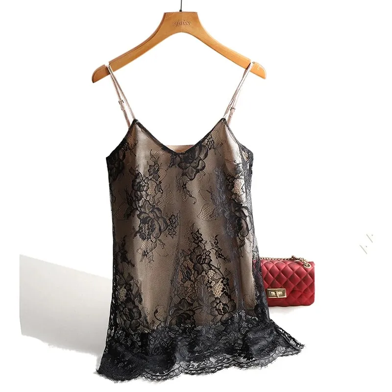 Sexy Lace Spaghetti Strap Top Women Halter V Neck Basic Cami Sleeveless Satin Silk Tank Tops Summer Camisole — image 1