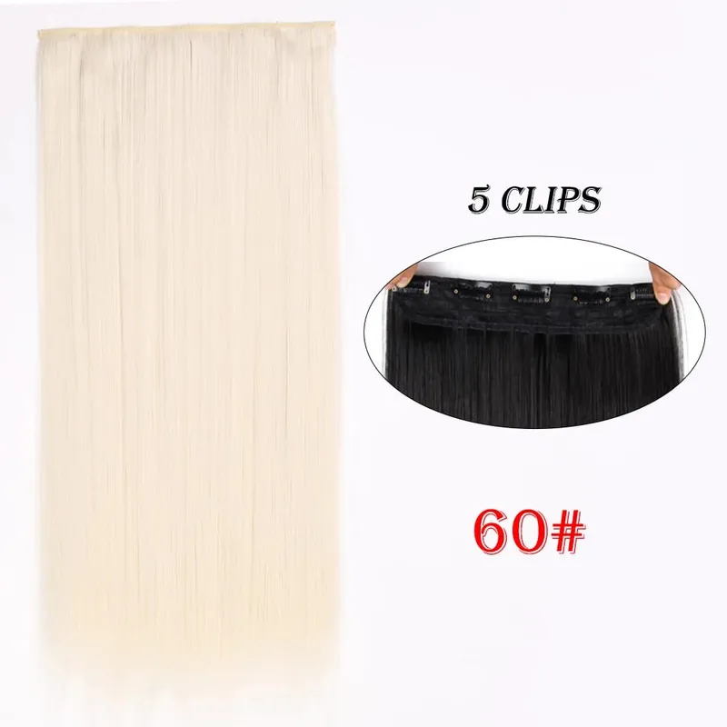 One Piece Clip In Hair Extensions 24" Straight Thick Synthetic Clip In Hairpieces Highlights Black Brown Soft For Women Daily