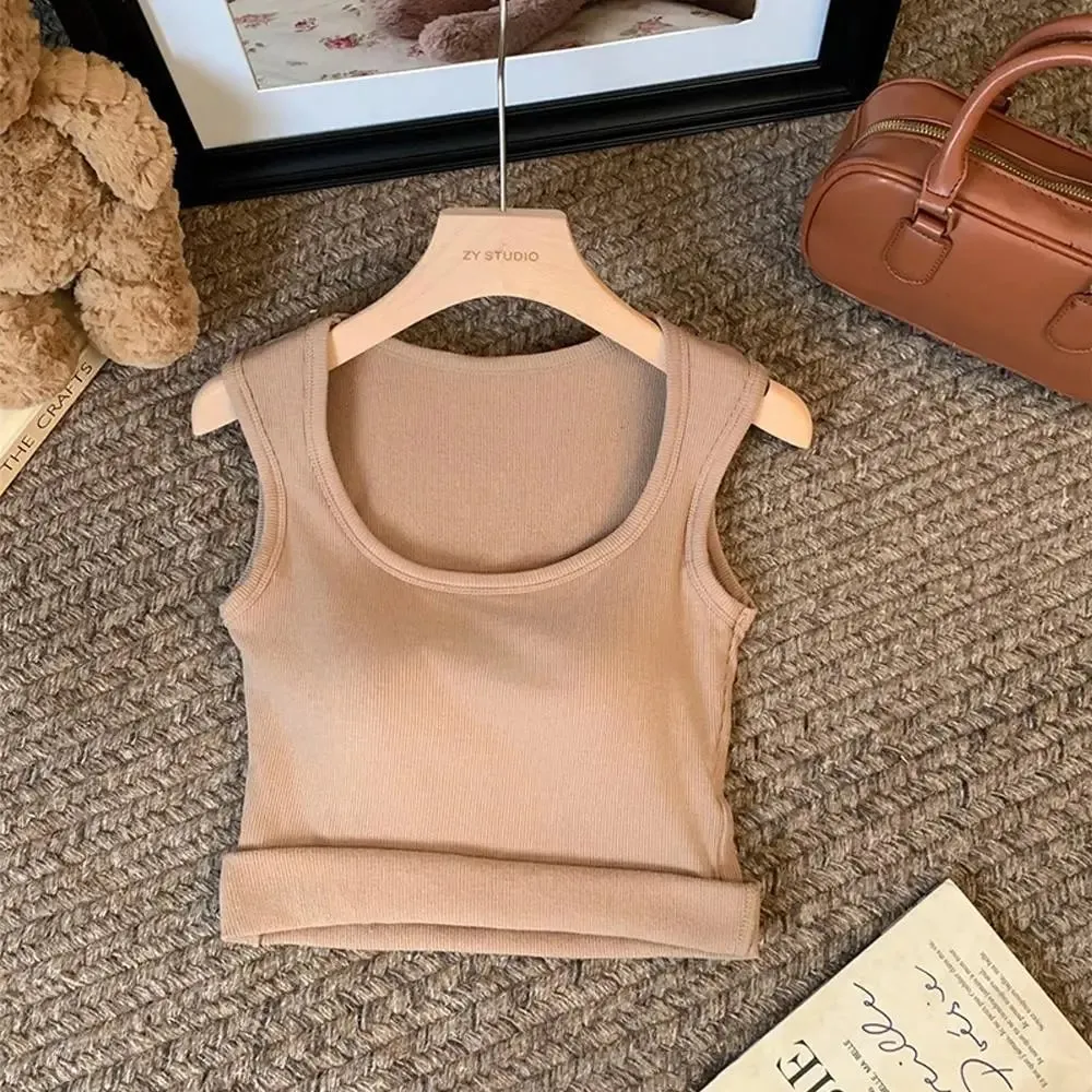 Women Solid Color O Neck Ribbed Tank Top Wide shoulder Strap Camisole 2025 Summer autumn Basic Camisole Elastic Tank Tops — image 13