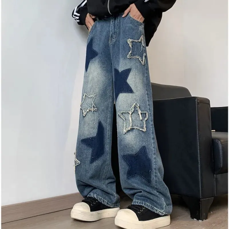 Jeans Men Straight Star Embroidery Patchwork Autumn Jeans Uomo Wide Leg Hip-hop Fashion Youth Neutral Streetwear Denim Trousers — image 4