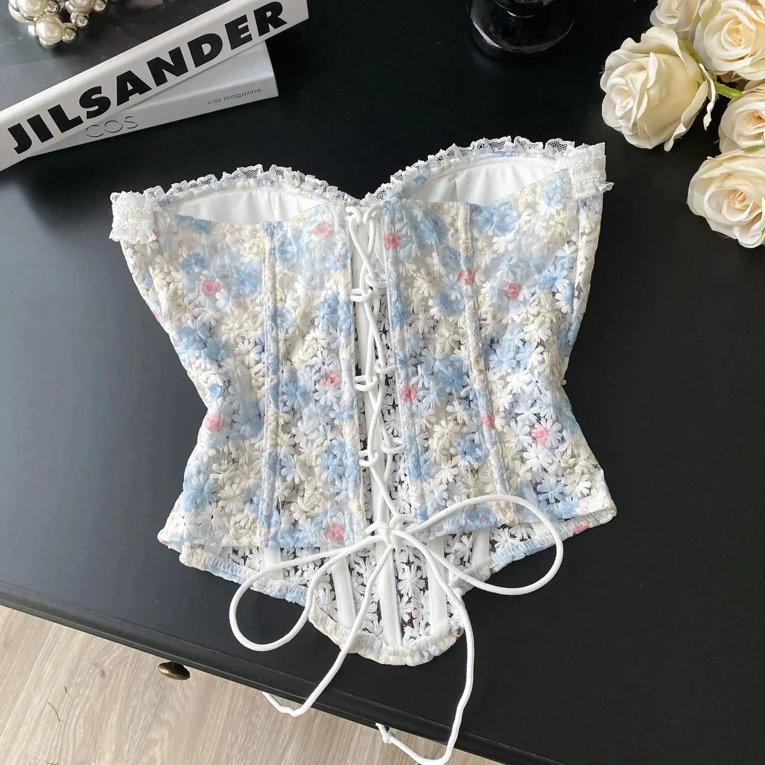 INS Strapless 3D Floral Camisole 2025 Summer Corset Slim Backless Tank Top Sheer Lace Up Holiday Sexy Embroidery Top — image 8