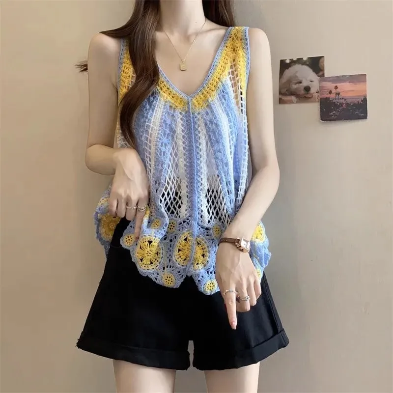 Embroidered Crochet Tank Top for Women Sheer Openwork Pointelle Knit Camis Summer Beach Bohemian Outfit — image 1