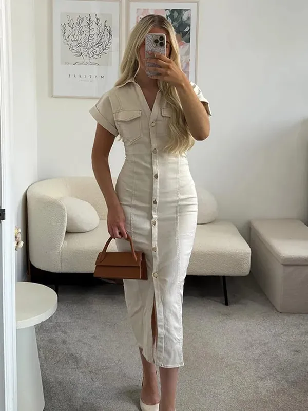 White Single Breasted Denim Dress Elegant Short Sleeve Lapel Bodycon Women's Dresses 2026 Summer Lady Chic Commute Street Robes