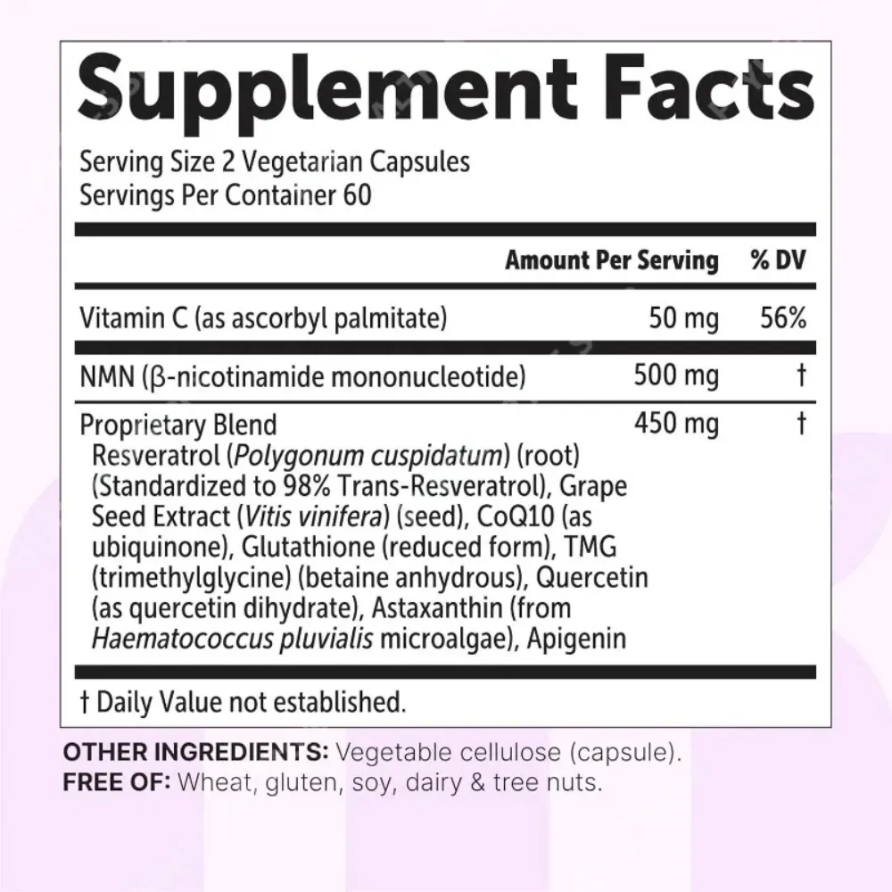 NMN kapsle 1000 mg na porci s Resveratrolem CoQ10 Vitamin C Vegan Formula Denní wellness doplněk Čisté ingredience 120Ct