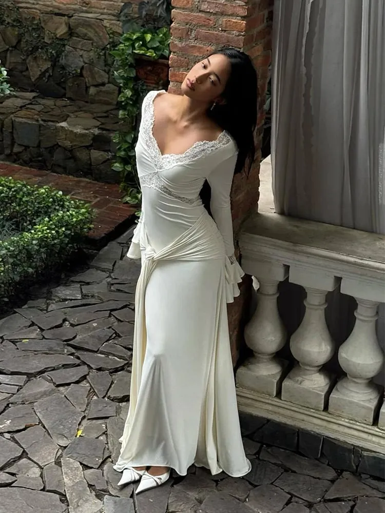 Abito lungo elegante da donna a maniche lunghe con scollo a V profondo Abito da sera sexy da cerimonia nuziale a vita alta con vestibilità slim bianco con patchwork di pizzo increspato