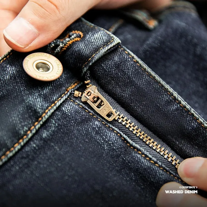 Maden Vintage 11.5oz Denim Washed Straight Jeans for Men Casual YKK Zipper Pants with Pockets Ethnic Design Plus Size Trousers