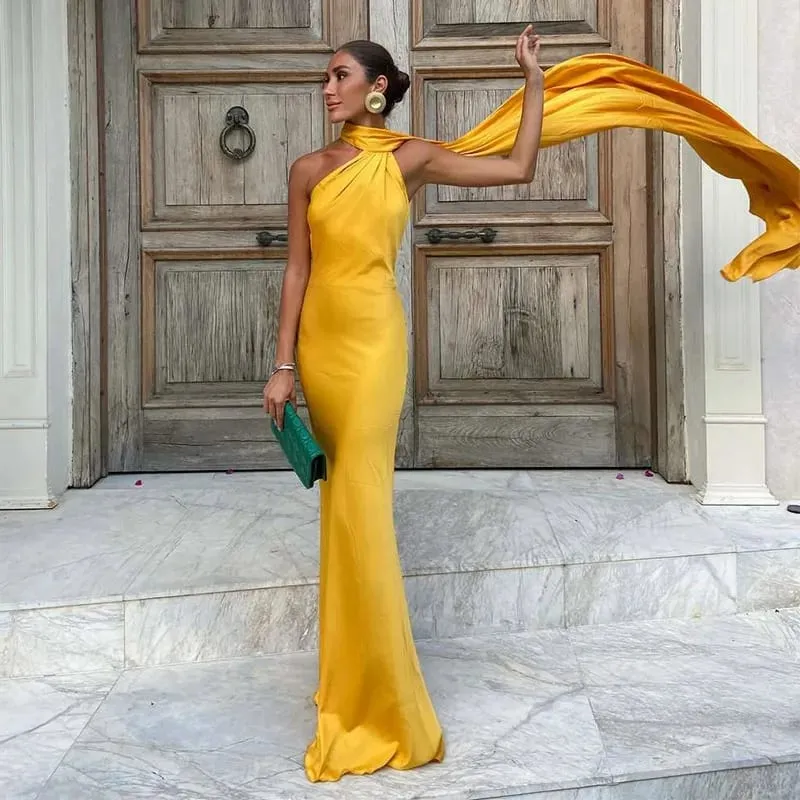 Elegant Ribbon Halter Dress Women Solid Off Shoulder Sleeveless Backless Slim Maxi Dresses 2025 Summer Autumn Party Robes Lady — image 10