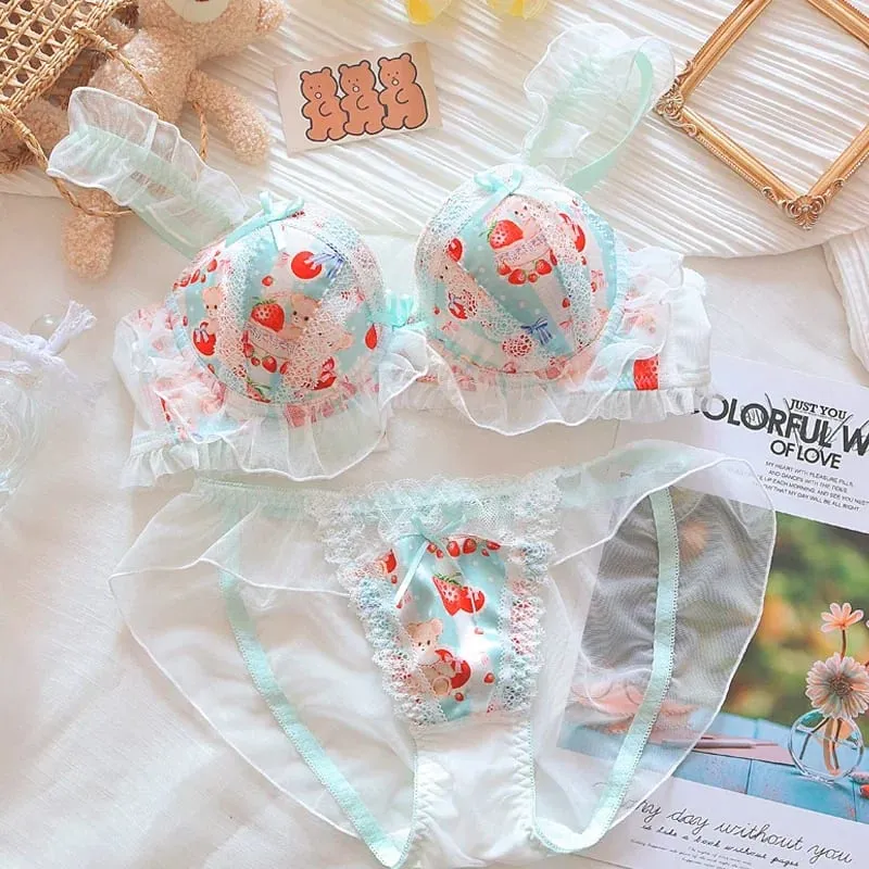 (Pure Want Wind) Princess Lolita Soft Cute Little Bear Underwear Cute Little Boob Push-up Bra Set Without Underwire