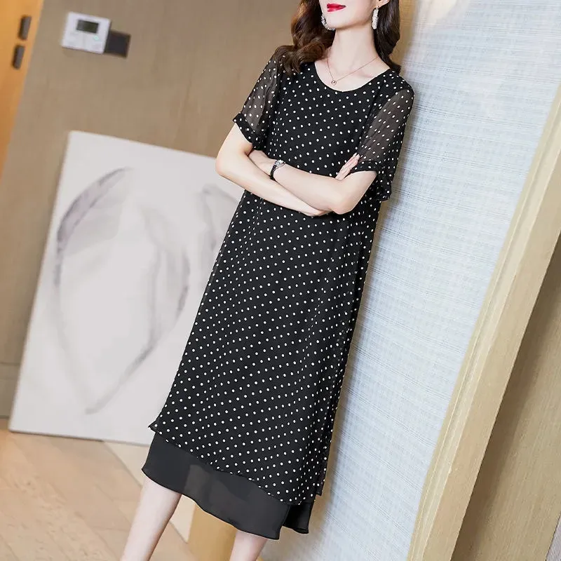 Summer Short Sleeves Covering Belly High End Chiffon Dress 2026 New Large Size Loose Dot French Style Long Dress Women Vestidos — image 4