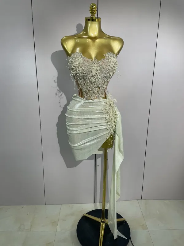 Luxury Shining Pearls Sexy Asymmetrical Skirt 2 PCS Set 2025 Women Evening Birthday Party Stage Dancer Performance Costume