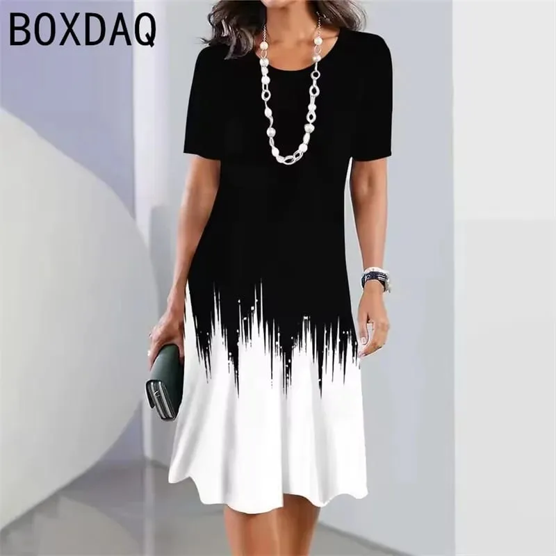 Big Size Women Dress 3D Colorful Gradient Print A-Line Dress Summer O-Neck Short Sleeve Casual Dress Elegant Loose Mini Dresses