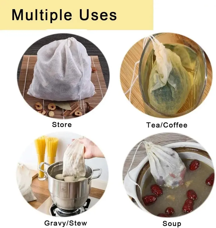 5Pcs 20x25CM Reusable Cotton Straining Bags Drawstring Muslin Cheesecloth Spice Soup Bags for Cooking Bone Broth Brew Bag Pouch — image 5