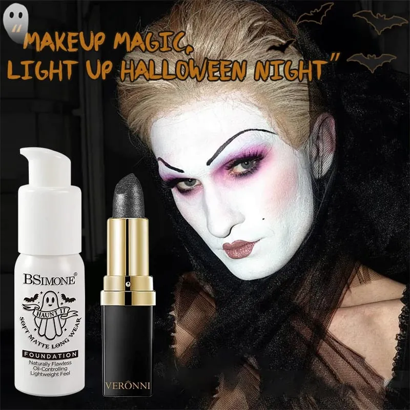 2pcs Set Black Diamond Glitter Lipstick & White Foundation Halloween Cos Stage Creative Makeup Kit For Face & Lip — image 7