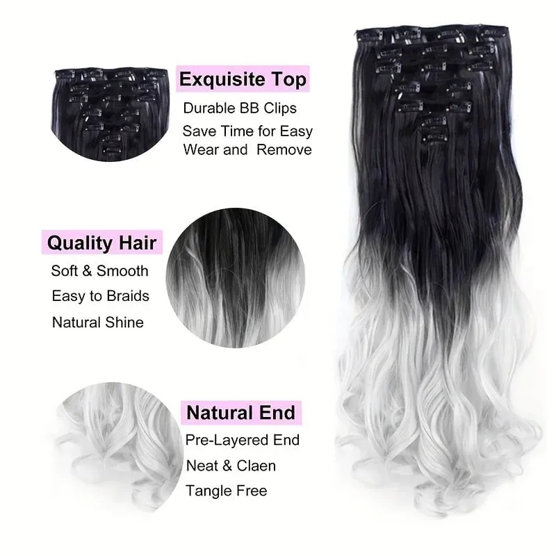 Clip in Long Wavy Synthetic Hair Extension 22 Inch Black 7PCS Thick Hairpieces Fiber Double Weft Hair for Women