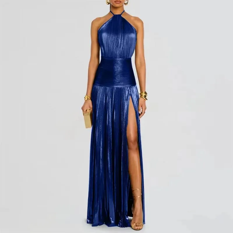 Zlaté sexy ohlávkové šaty s vysokými dělenými róbami Večerní šaty Dámské elegantní Jednobarevné duté řasené dlouhé šaty Jaro Léto Maxi šaty na zip bez zad — image 5
