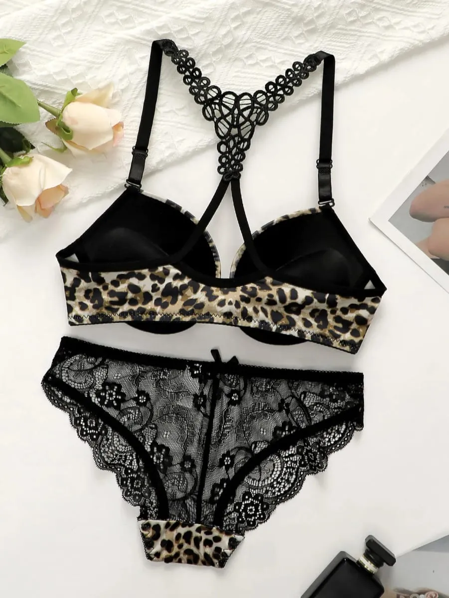 Women's Sexy Underwear Set Leopard Pattern Bra with Steel Ring Front Closure Comfortable and Breathable Lace Panty — image 2
