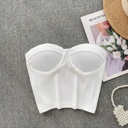 Strapless Western Style Skinny Tanks Camis for Women Summer Casual Solid Colours Female Corset Crop Tube Tops with Built In Bras