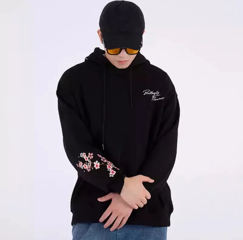 Man Hoodies 100% Cotton Butterfly Embroidery Harajuku Solid Pocket Hooded Sweatshirts Autumn Long Sleeve Loose Chinese Outwear — image 3