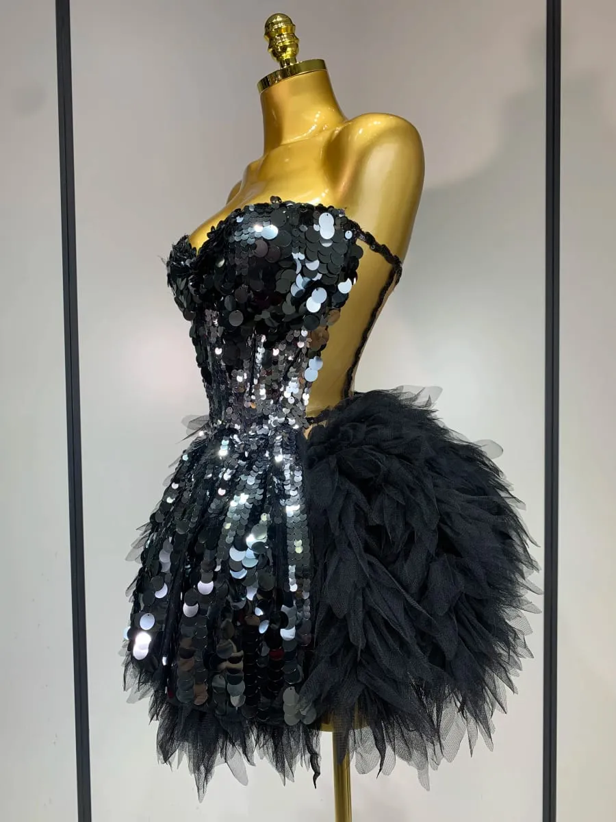 Sparkly Black Sequins Two Pieces Set for Women Party Evening Prom Celebrate Birthday Photo Shoot Dress Nightclub Dance Costume — image 2