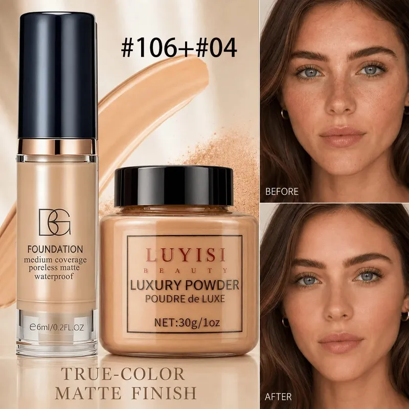 Facial Makeup Set:1pc Matte Loose Powder+1pc Waterproof Fundation High-Coverage Long-Lasting Oil Control Creat Natural Looks. — image 9