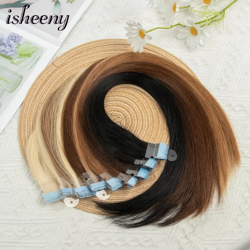 Isheeny 12"-24" Mini Tape Hair Extensions Machine Remy Skin Weft Adhesive Tape In Human Hair Natural Black Brown Blonde 10pcs
