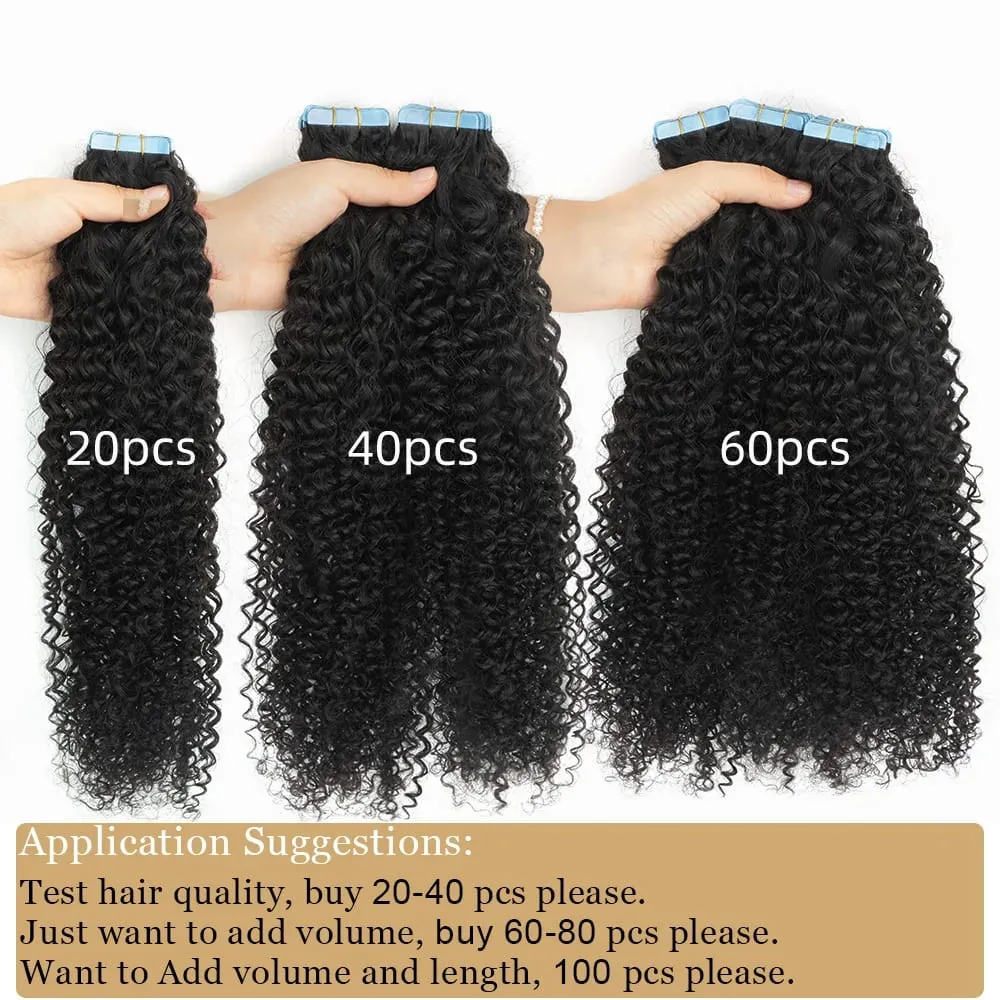 Jet Black Afro Kinky Curly Tape In Human Hair Extensions for Chocolate Women Tape Ins Hair Extension Tape on For Salon 20pcs — image 2