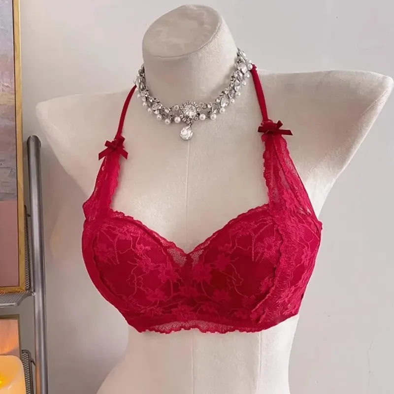 Female Halter Style Bow Lace Bra Padded Push‑Up No Underwire Soft Inner Wear Lingerie for Small Bust Daily Wearセクシーな — image 3