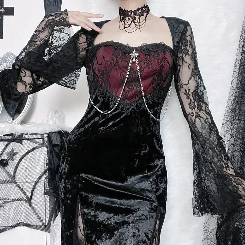 Goth Dark Elegant Mall Gothic Women Evening Dresses Grunge Aesthetic E-girl Velvet Midi Dress Lace Splice Sexy Split Alt Outfits — image 3