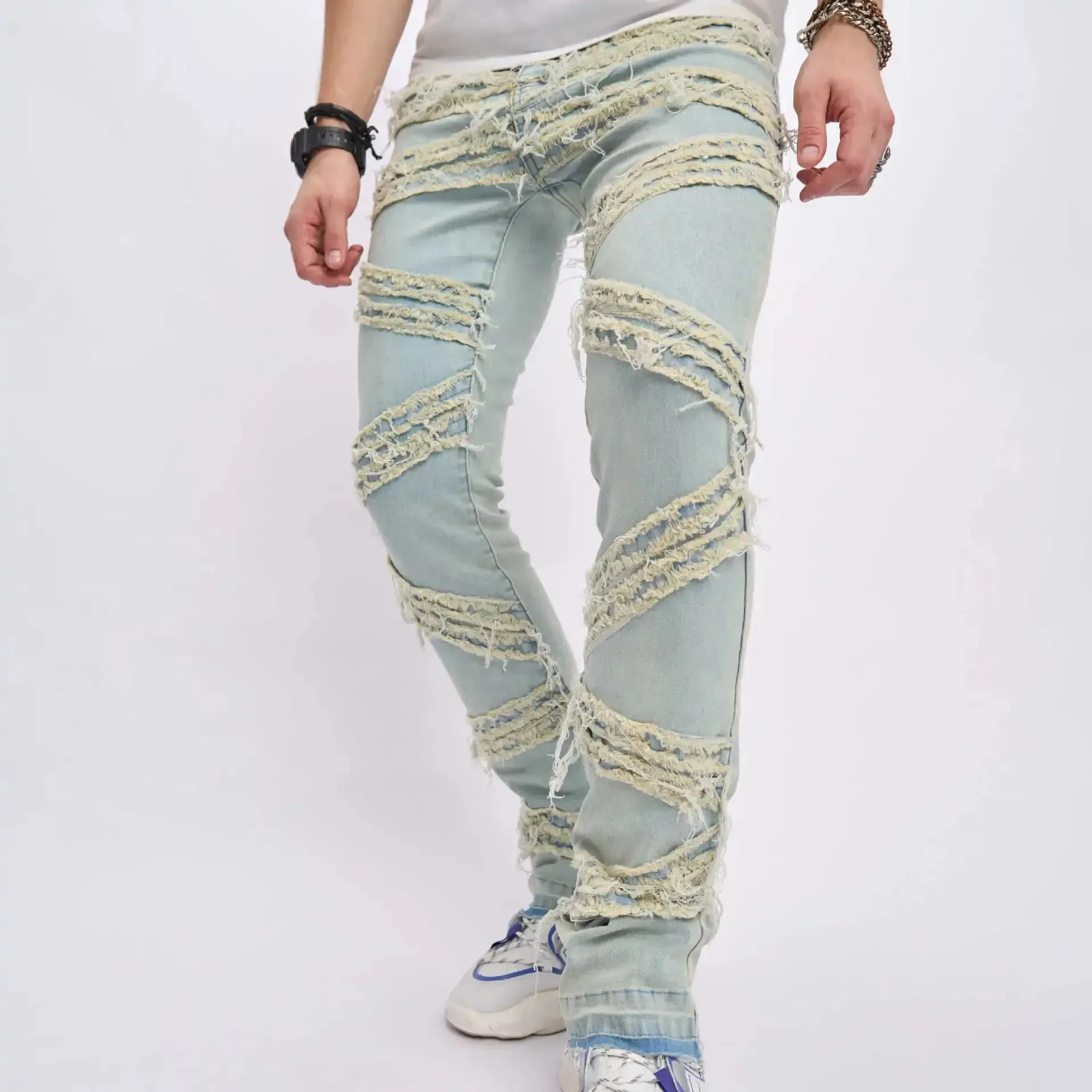 Ripped Men's Jeans Stretchy Denim Streetwear Tearing Patchwork Holes Ripped Denim Loose Casual Pants Slim Fit Straight Trousers — image 10
