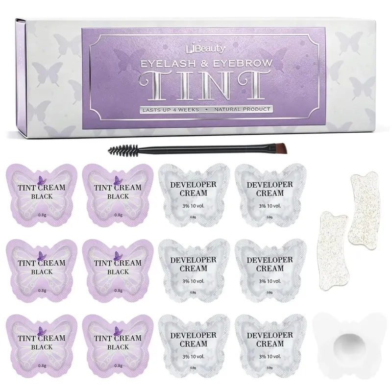 Libeauty Lash & Brow Tint Kit Black Eyelash Color Kit Individual Sachets Reusable Eye Pad and Double-Ended Brush Lash Color Tool