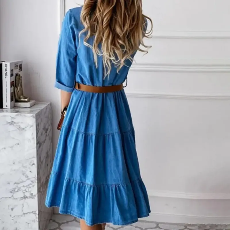Denim Dress Three Quarter Sleeve with Belt Turn-down Collar Spring Autumn Buttons Ruffle Jeans Dresses for Women 2025 — image 6