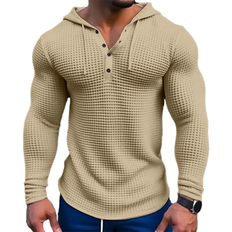 Spring Solid Color Slim Fit Long Sleeved T-shirt Men's Hooded Breathable Sports Top Waffle Cotton Casual Long Sleeved Shirt