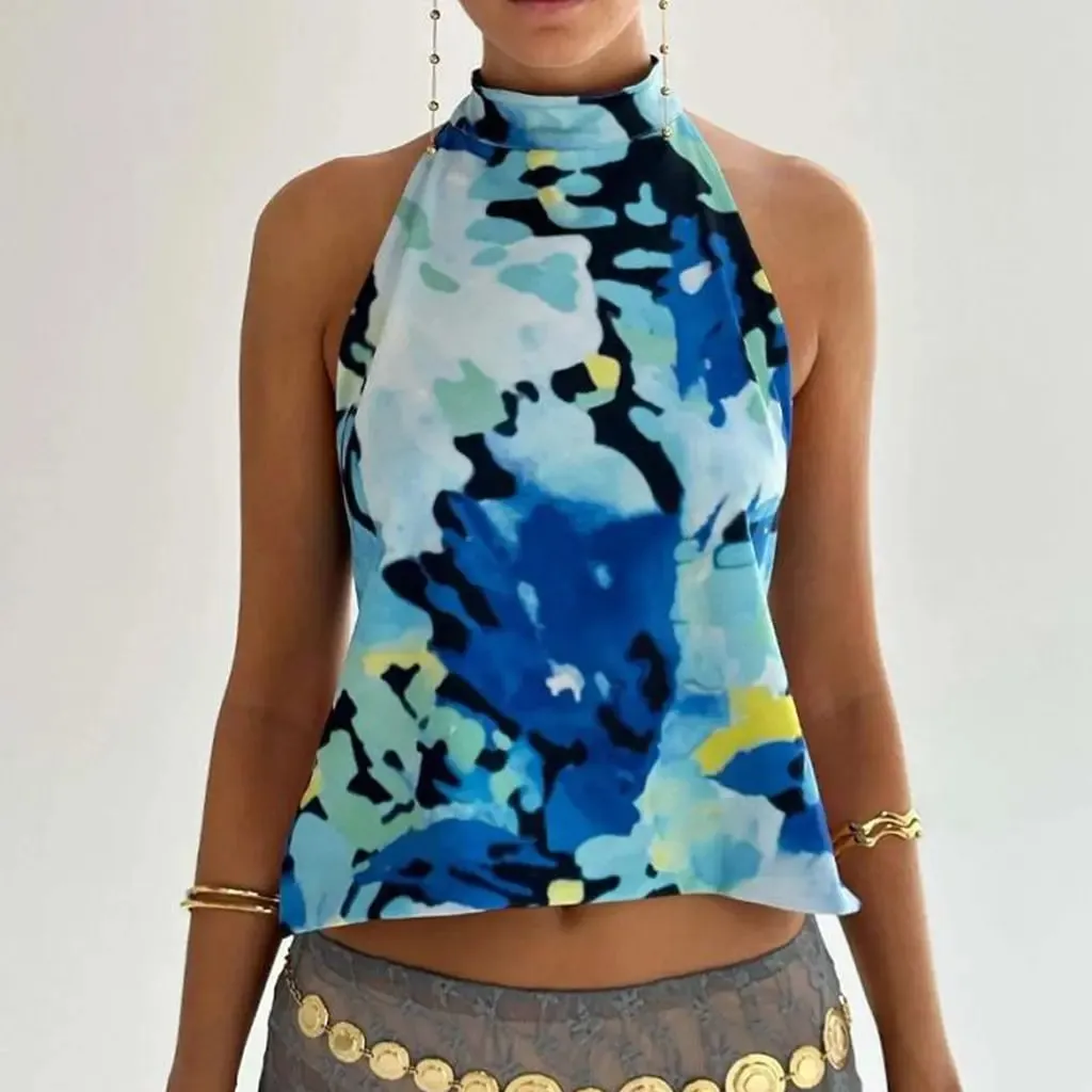 Combhasaki Women's Y2K Button Closure Halter Neck Crop Tops Sleeveless Backless Aesthetic Dots/Tie-dye Flower Print Summer Vests — image 17