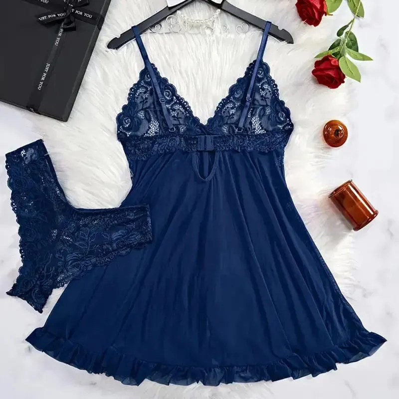 Women's Sexy Lingerie Dress Thin Style G-string Contrast Lace Ruffle Trim Lingerie Set Deep V Slip Thong Lencería Mujeres — image 2
