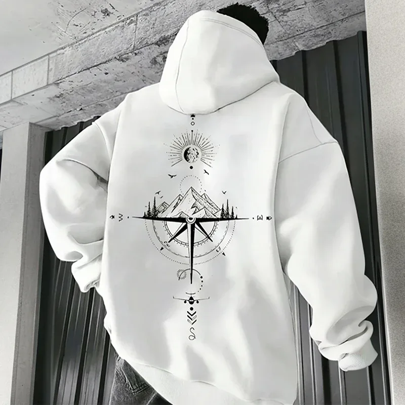 Vintage Compass Print Hoodies for Men High Quality Hooded Long Sleeve Pullover All Season Daily Casual Sports Tops Men's Clothes — image 3