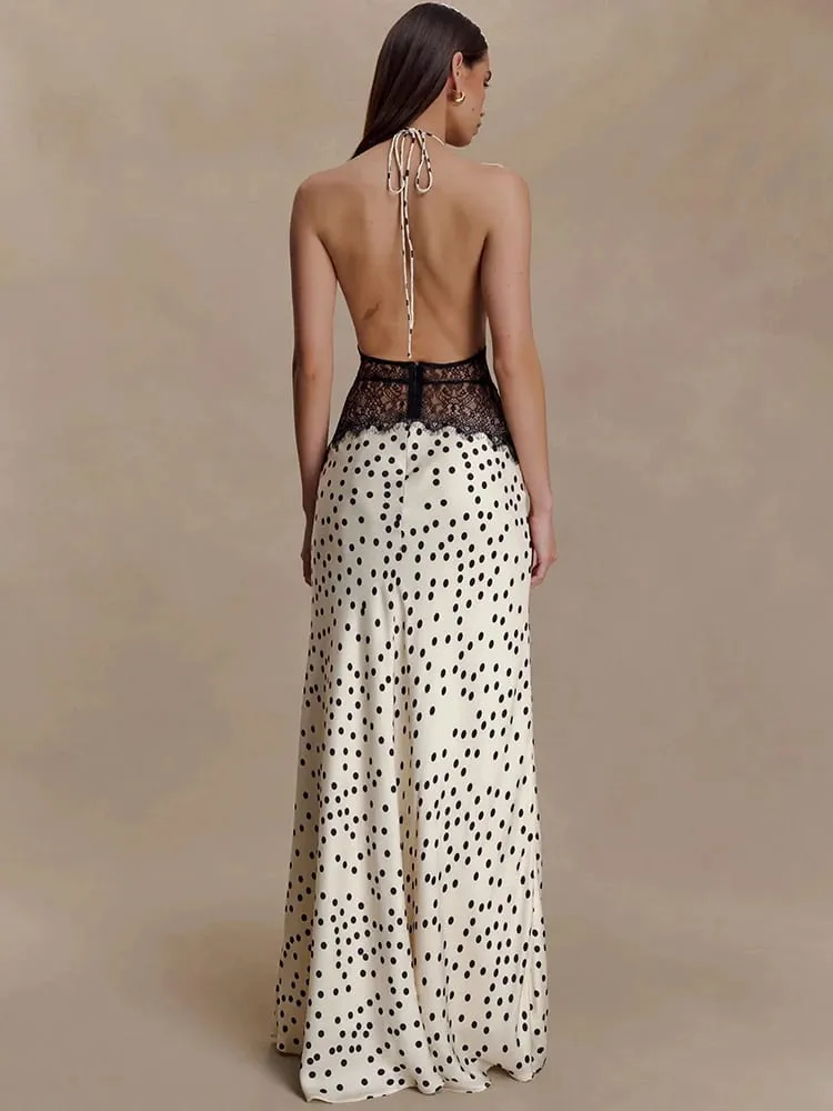 Mozision polka dot sem costas sexy maxi vestido feminino elegante retalhos rendas halter decote em v profundo sem mangas bodycon clube vestido — image 4