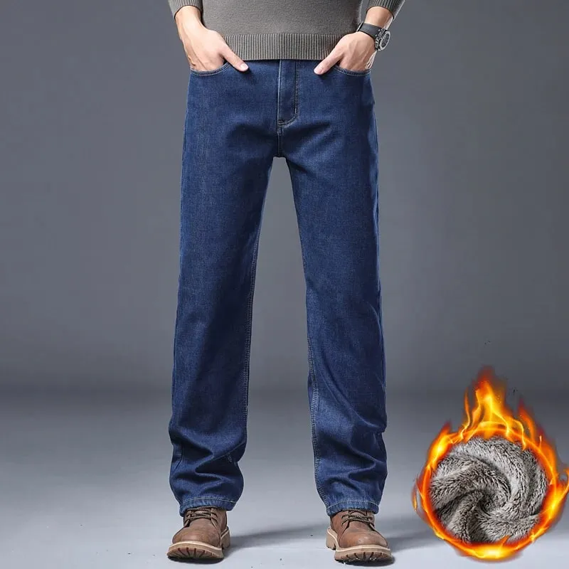 Calça jeans grossa forrada de lã masculina, calça jeans quente estiramento slim fit confortável e macia para uso diário, roupas de trabalho — image 2
