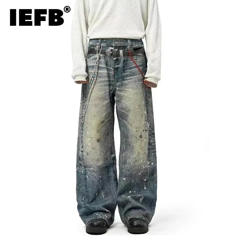 Niche Design Men's Denim Pants Chain Printing Contrast Color Splash-ink Casual Wide Leg Vintage Loose Male Jeans 9W4170 — image 2