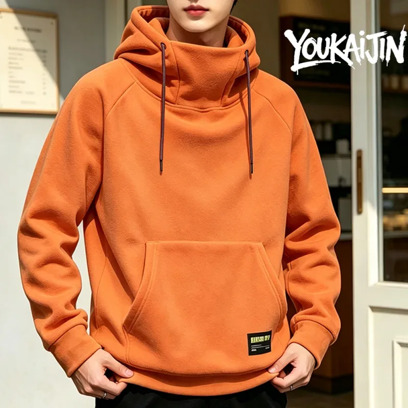 Men's Polar Fleece Sweatshirt Solid Color Street Style Autumn Winter Hood Sports Windproof Oversized High Collar Hoodie 5XL — image 4