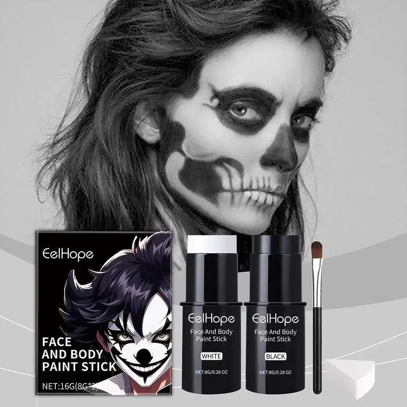 Halloween Black White Face Body Paint Kit Full Coverage Lighweight Foundation Clown Joker Makeup Festive Makeup Accessories Set — image 5